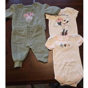 Disney Baby Minnie Mouse 0-3M Lot Sage Green Jogger Set & 2 Bodysuits Floral